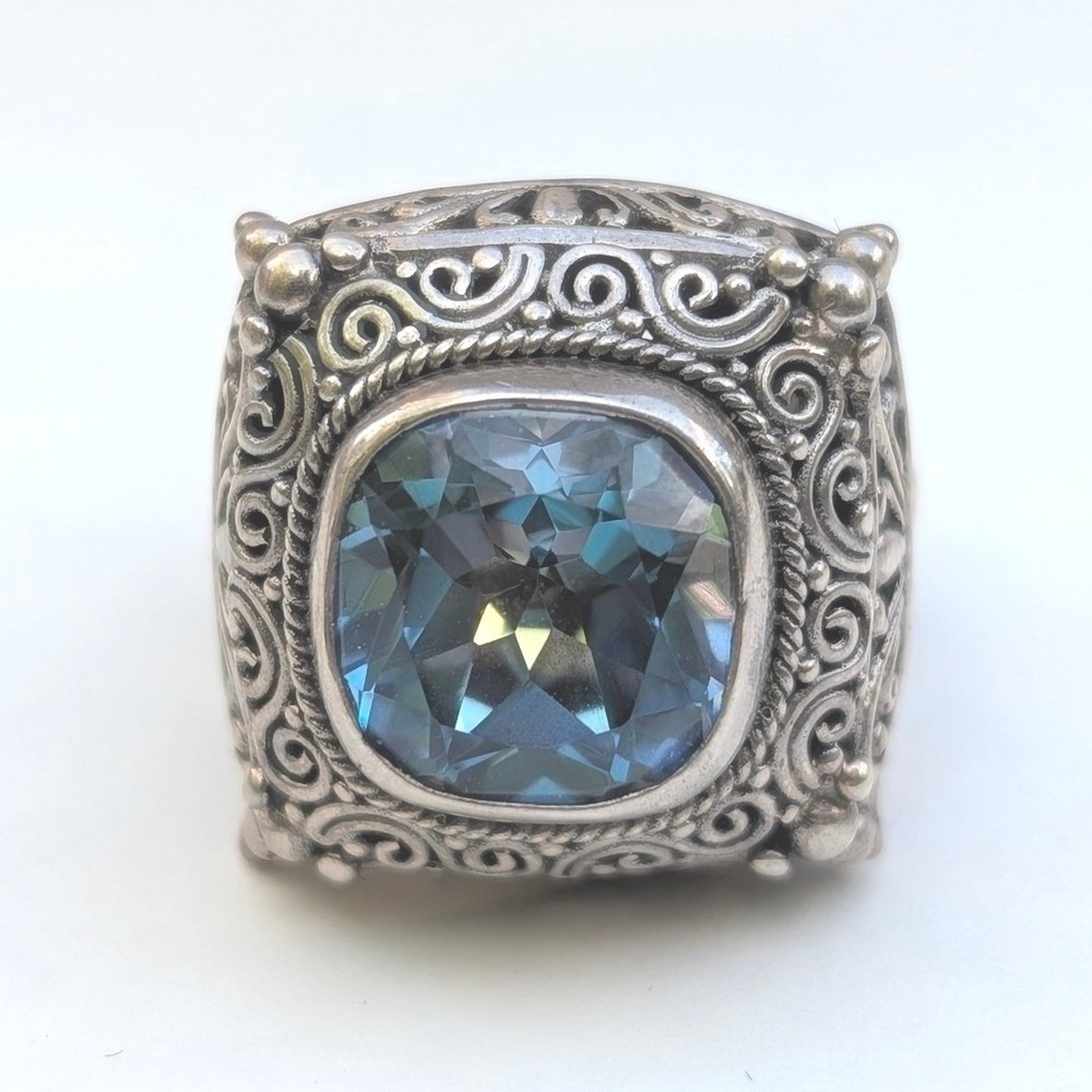 Sarda Sterling Silver 925 Blue Topaz Filigree Bali Scroll Cocktail Ring Size 7